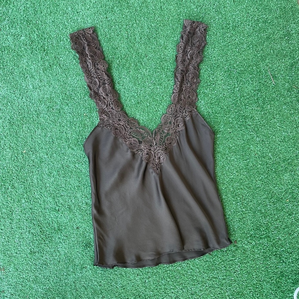 Fascino Vintage Brown Satin Slip Top with Lace Trim